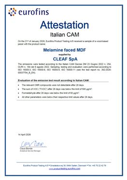 室内家具 VOC / CAM 认证证书 – MDF板